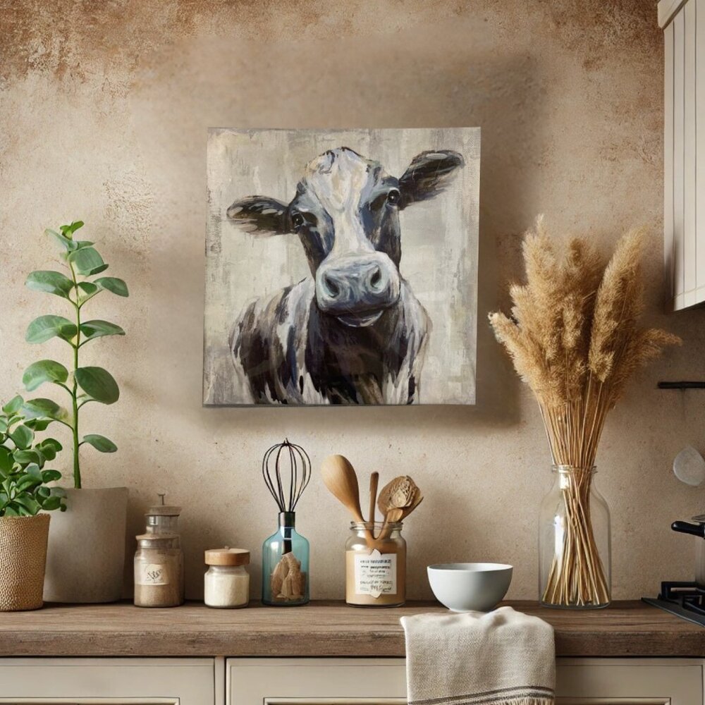 Rustic Blue and Grey Farmhouse Cow Canvas – 7” x 7” – Country Wall Art